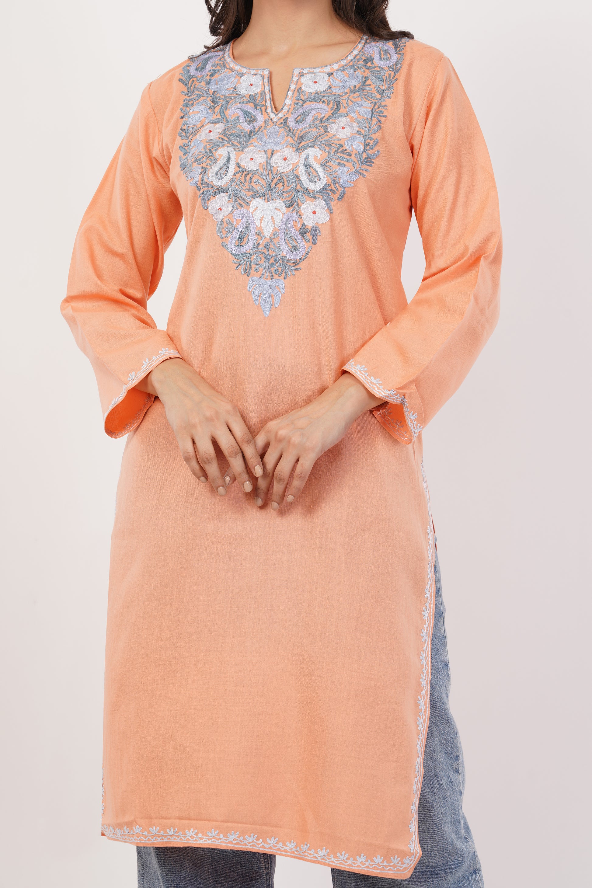 Kashmiri Aari embroidery Cotton Long Kurti Size-38 (Peach)