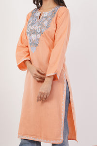 Kashmiri Aari embroidery Cotton Long Kurti Size-38 (Peach)