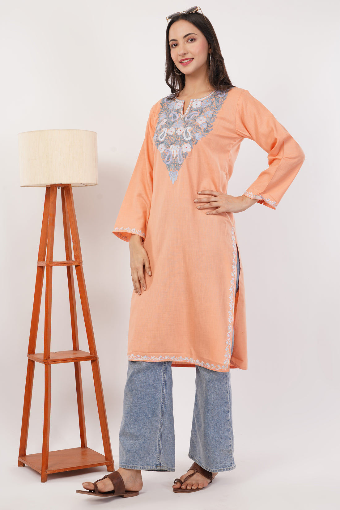 Kashmiri Aari embroidery Cotton Long Kurti Size-38 (Peach)