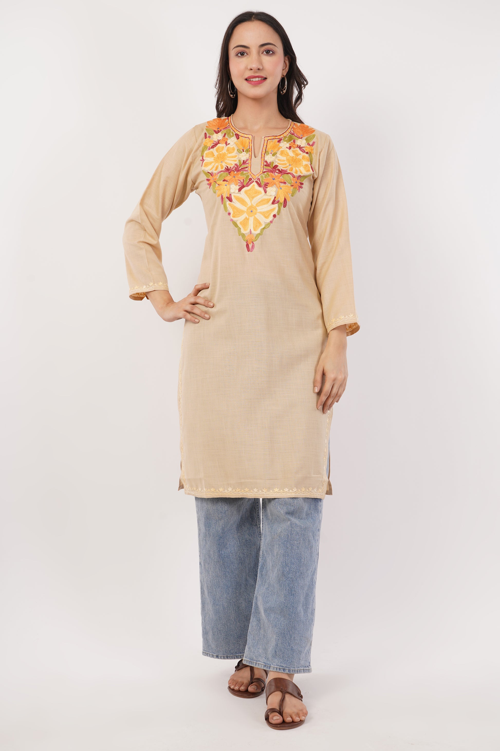 Kashmiri Aari embroidery Cotton Long Kurti Size-38 (Beige)