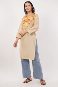 Kashmiri Aari embroidery Cotton Long Kurti Size-38 (Beige)