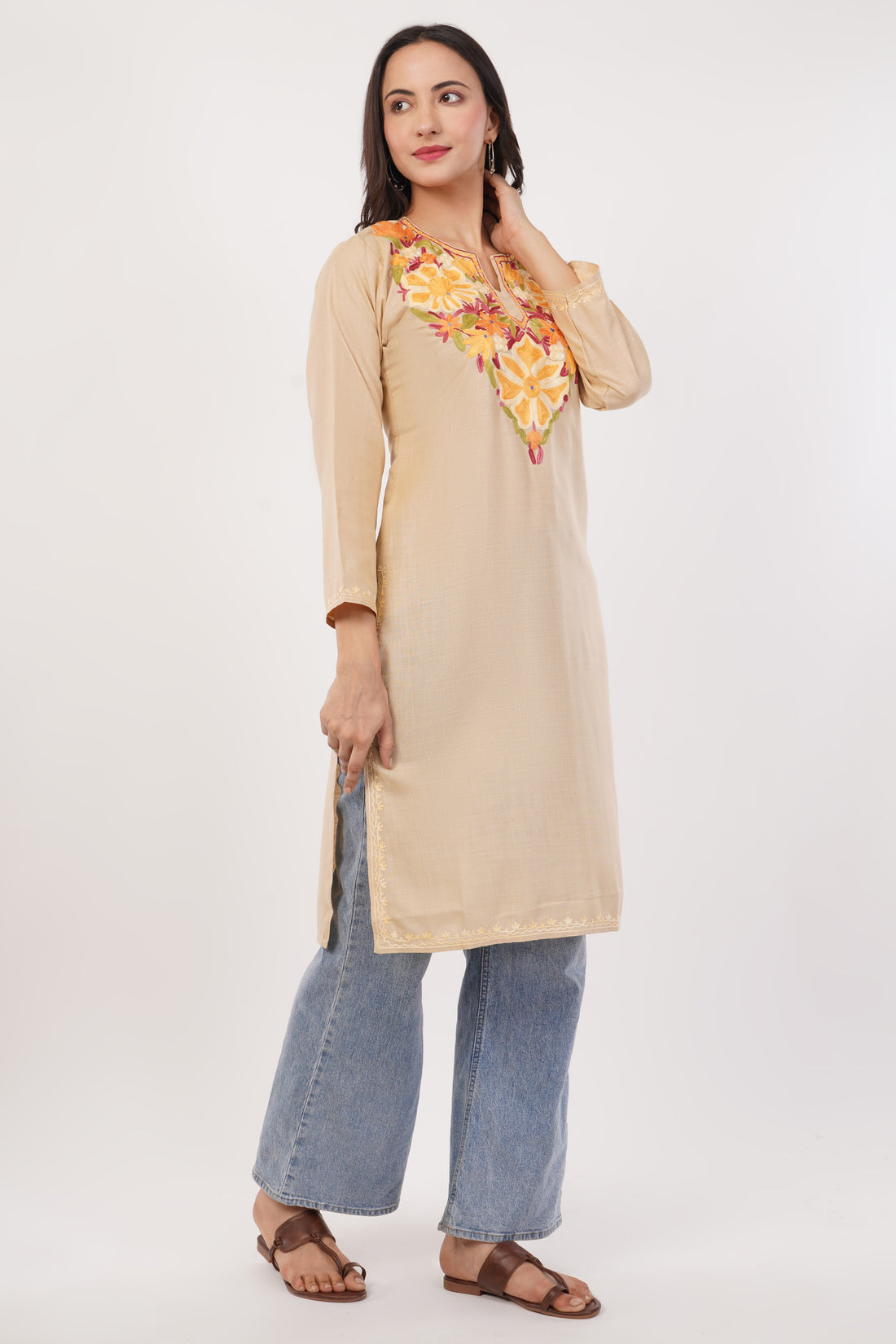 Kashmiri Aari embroidery Cotton Long Kurti Size-38 (Beige)