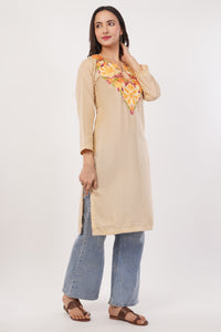 Kashmiri Aari embroidery Cotton Long Kurti Size-38 (Beige)
