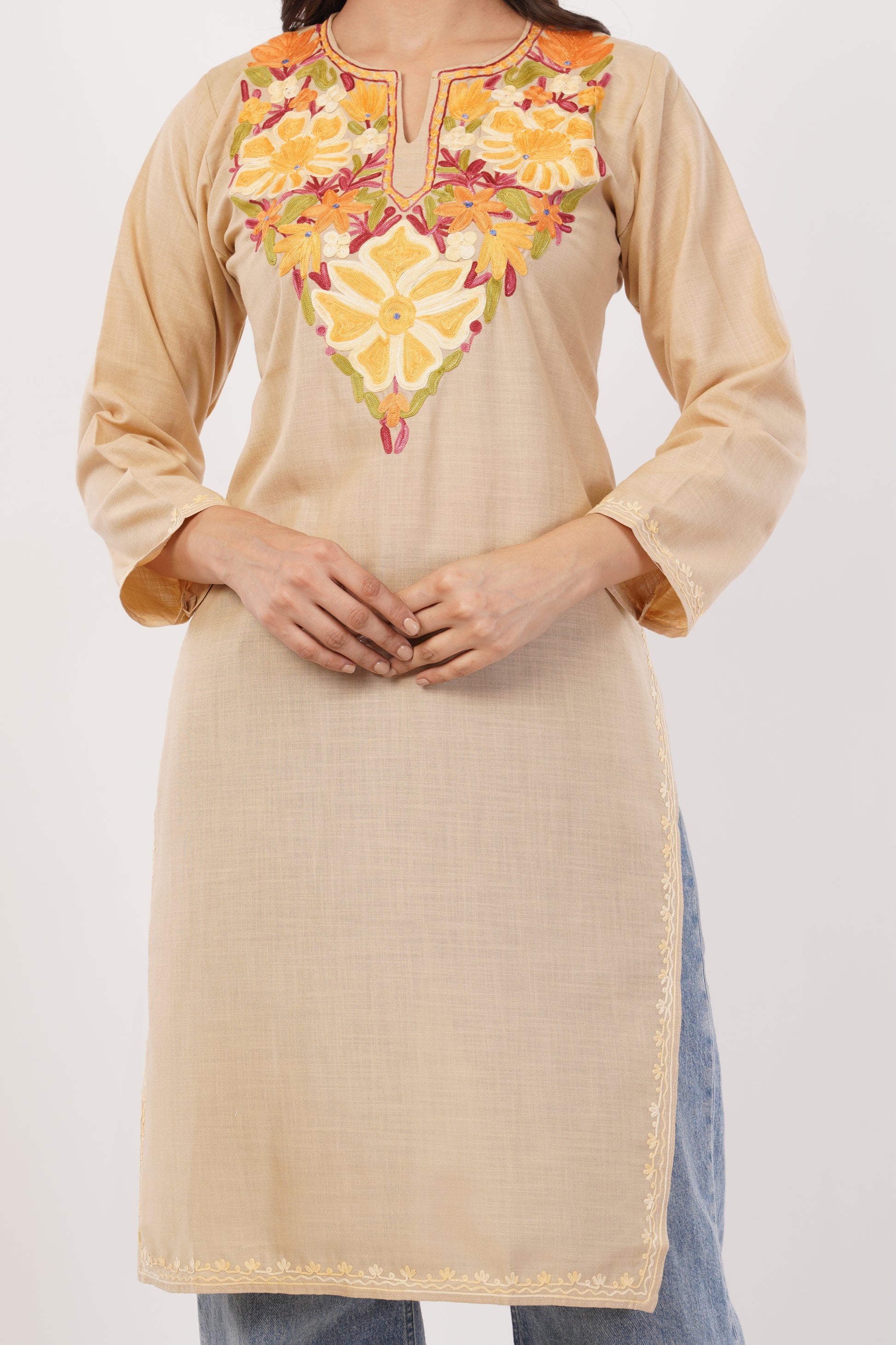 Kashmiri Aari embroidery Cotton Long Kurti Size-38 (Beige)