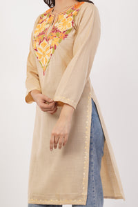 Kashmiri Aari embroidery Cotton Long Kurti Size-38 (Beige)