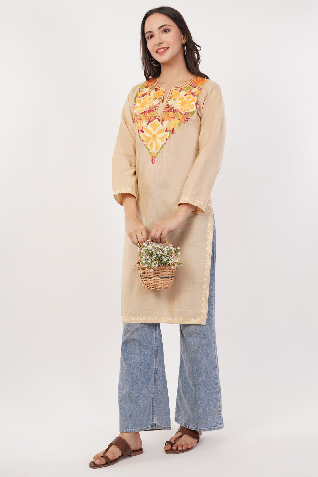 Kashmiri Aari embroidery Cotton Long Kurti Size-38 (Beige)
