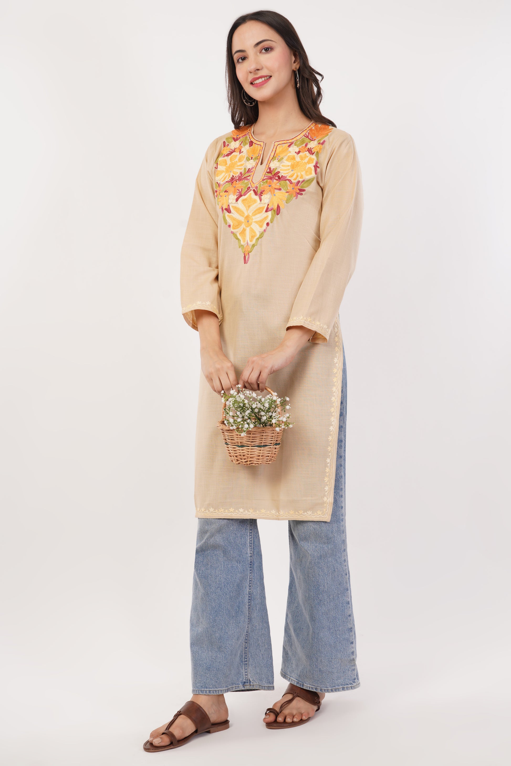 Kashmiri Aari embroidery Cotton Long Kurti Size-38 (Beige)