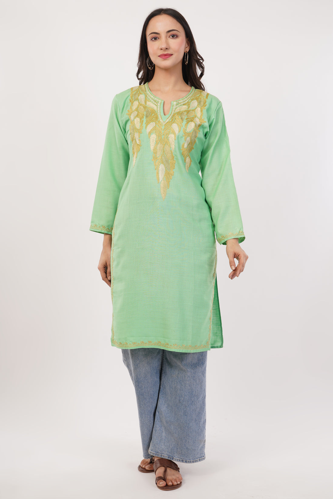 Kashmiri Aari embroidery Cotton Long Kurti Size-38 (Green)