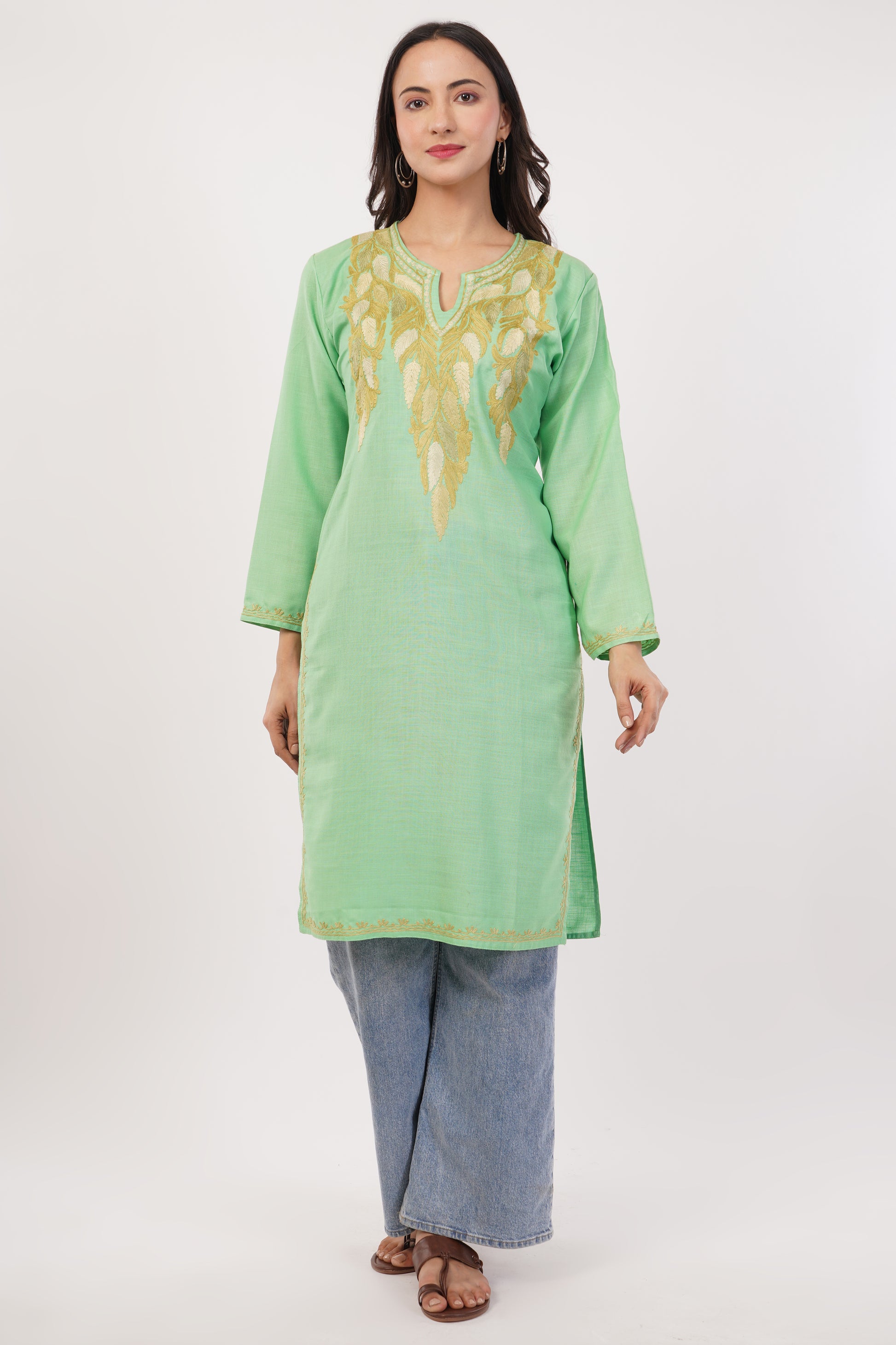 Kashmiri Aari embroidery Cotton Long Kurti Size-38 (Green)