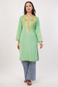 Kashmiri Aari embroidery Cotton Long Kurti Size-38 (Green)