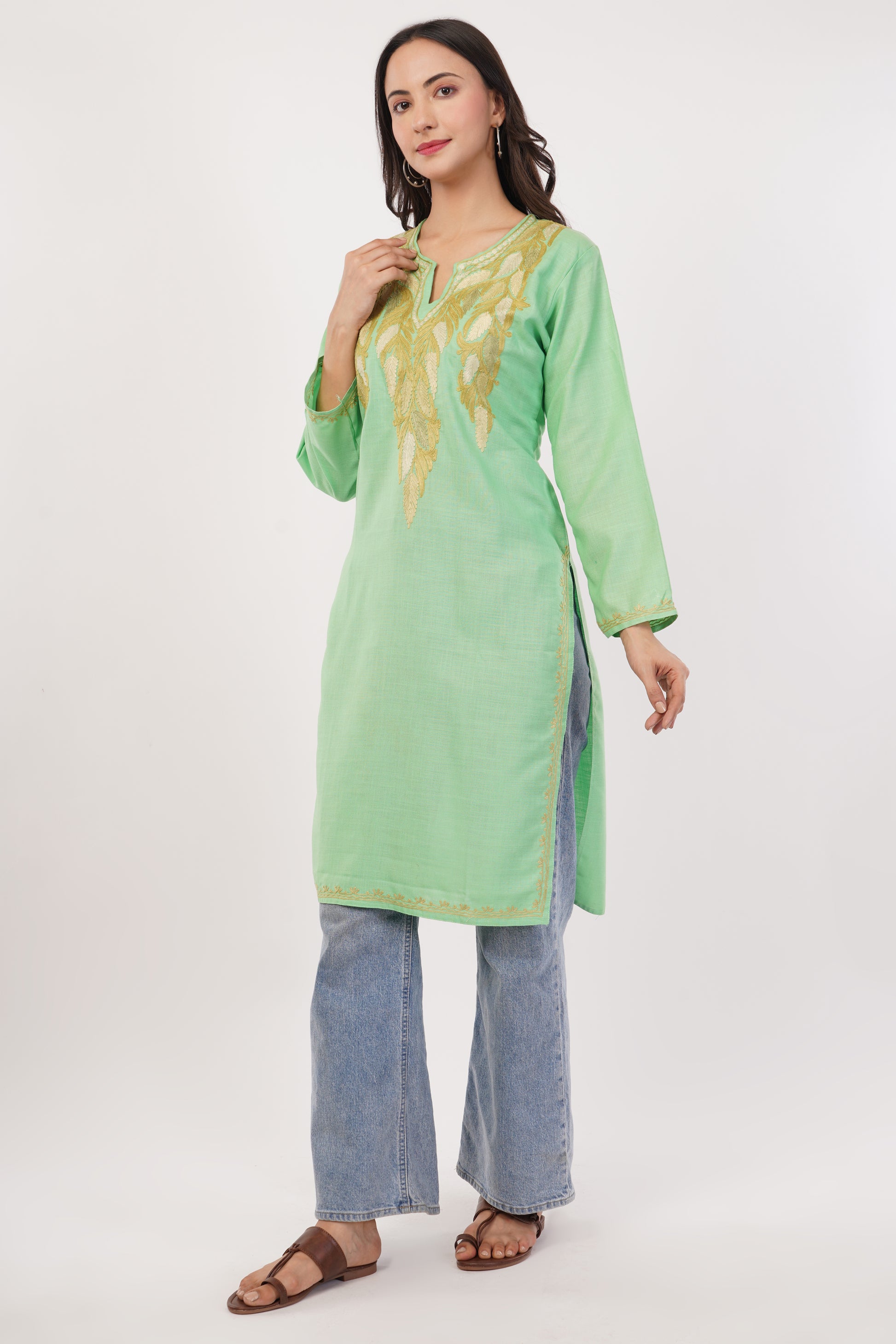Kashmiri Aari embroidery Cotton Long Kurti Size-38 (Green)