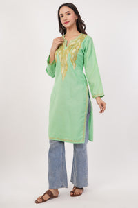 Kashmiri Aari embroidery Cotton Long Kurti Size-38 (Green)