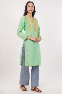 Kashmiri Aari embroidery Cotton Long Kurti Size-38 (Green)
