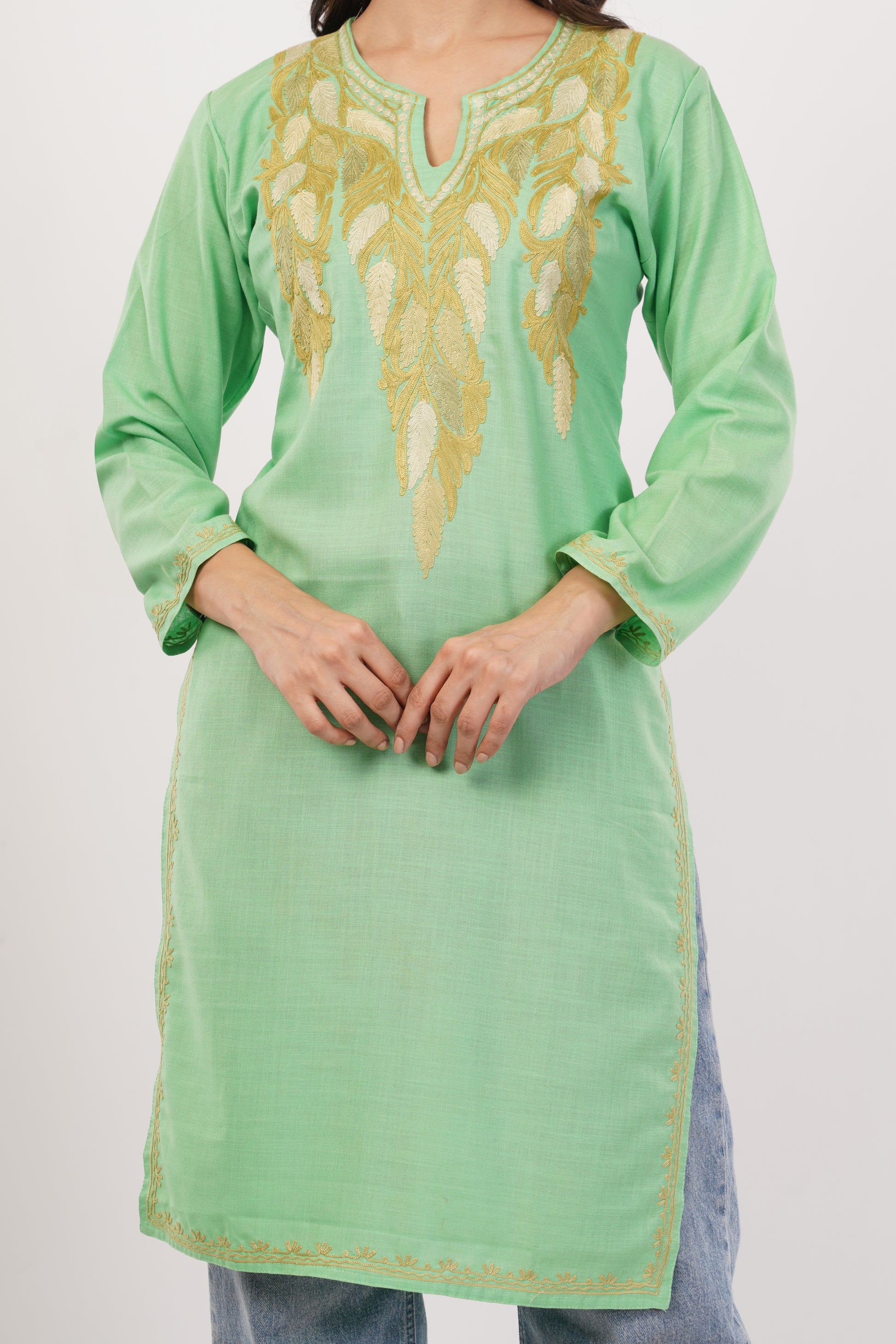 Kashmiri Aari embroidery Cotton Long Kurti Size-38 (Green)