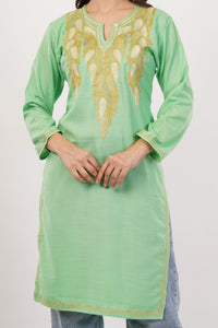 Kashmiri Aari embroidery Cotton Long Kurti Size-38 (Green)