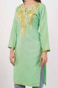 Kashmiri Aari embroidery Cotton Long Kurti Size-38 (Green)