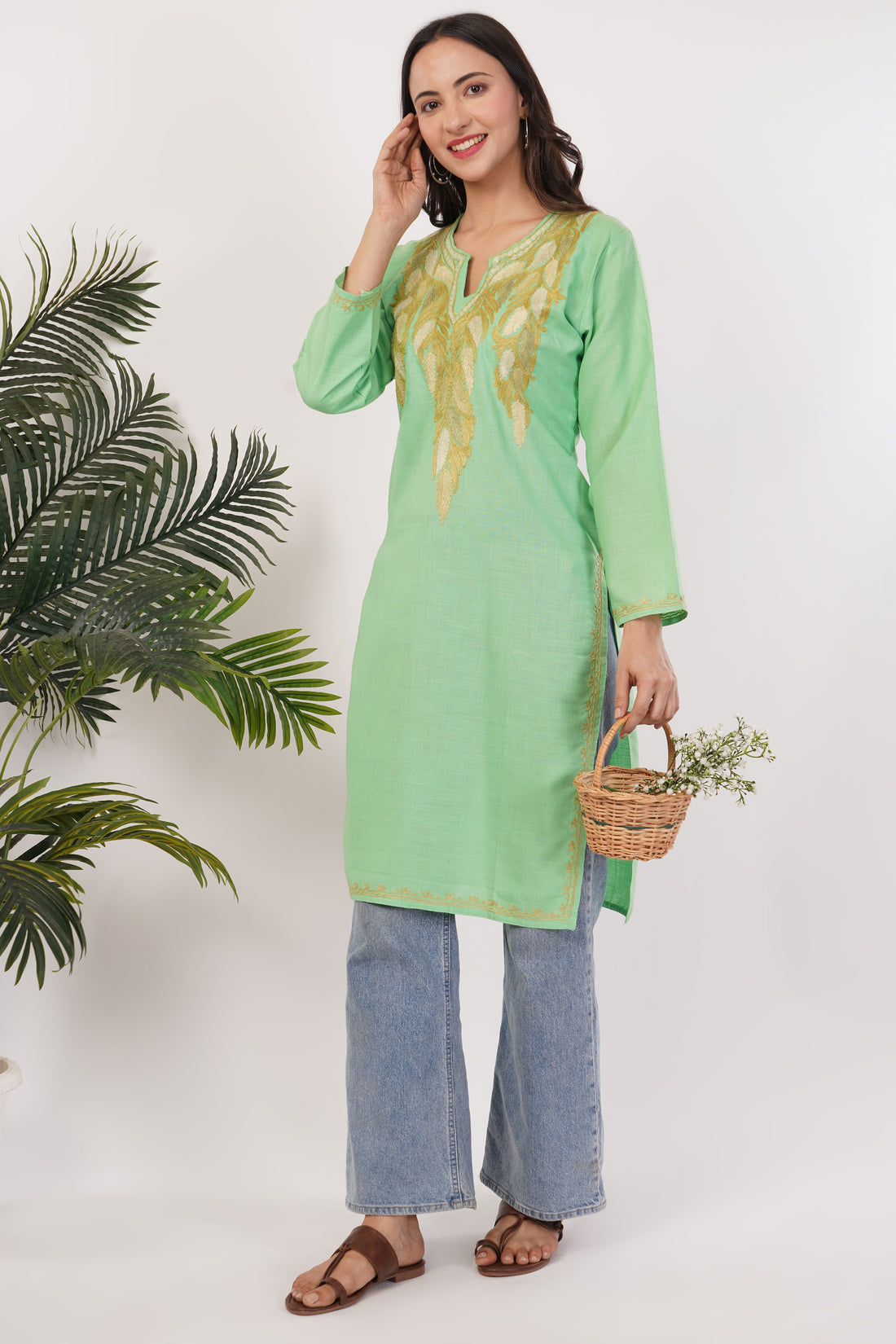 Kashmiri Aari embroidery Cotton Long Kurti Size-38 (Green)