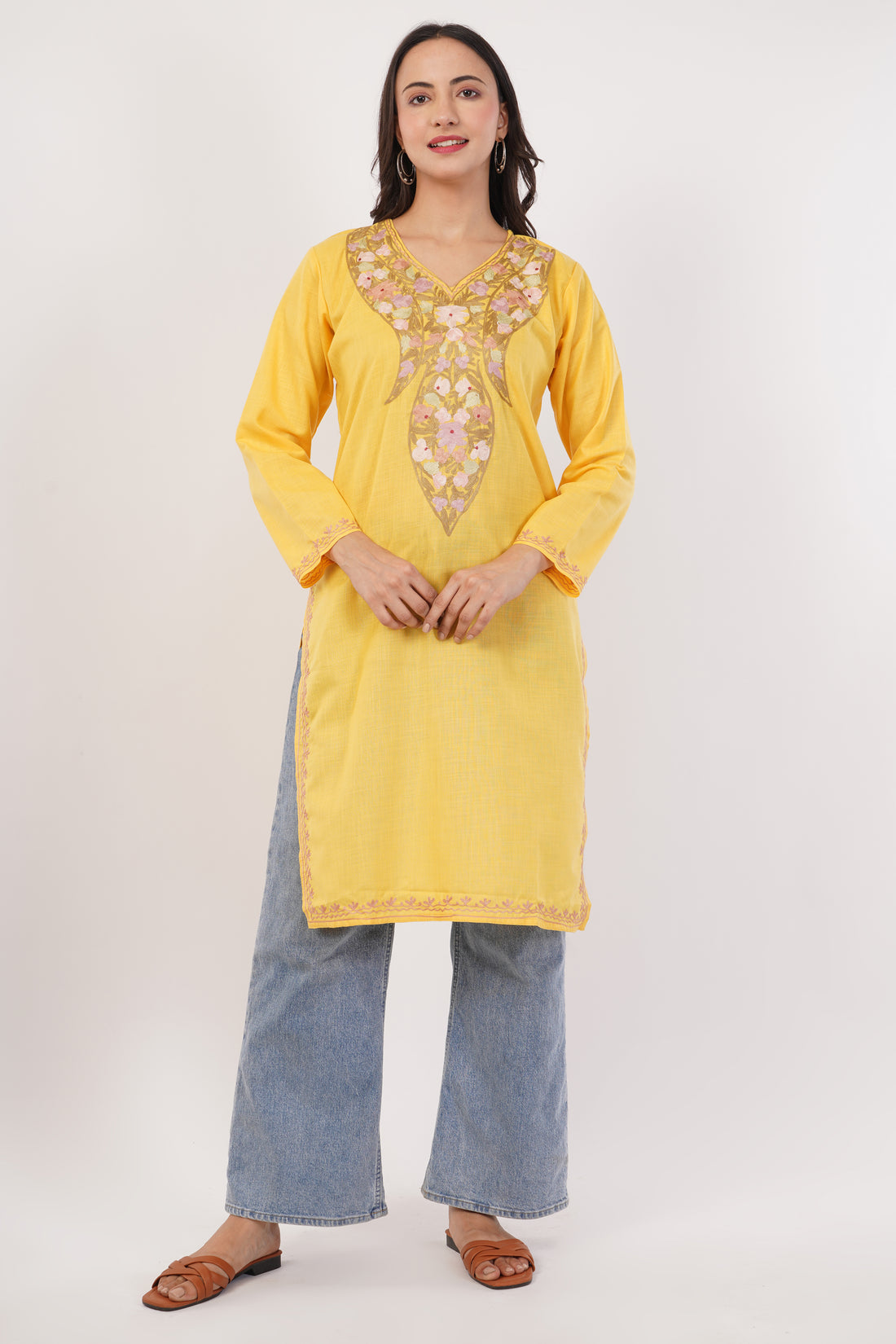 Kashmiri Aari embroidery Cotton Long Kurti Size-38 (Yellow)