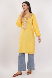 Kashmiri Aari embroidery Cotton Long Kurti Size-38 (Yellow)
