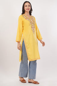 Kashmiri Aari embroidery Cotton Long Kurti Size-38 (Yellow)
