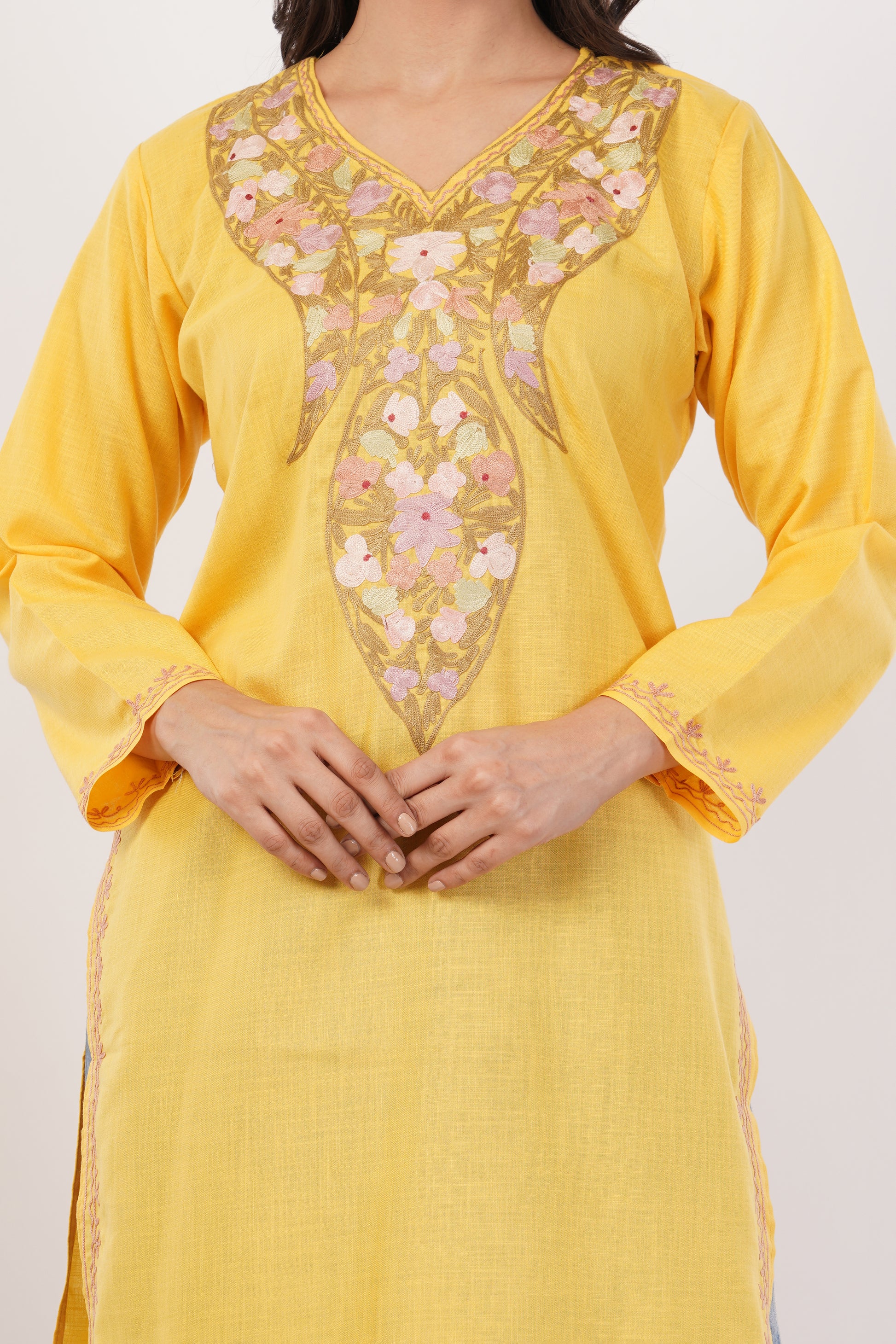 Kashmiri Aari embroidery Cotton Long Kurti Size-38 (Yellow)