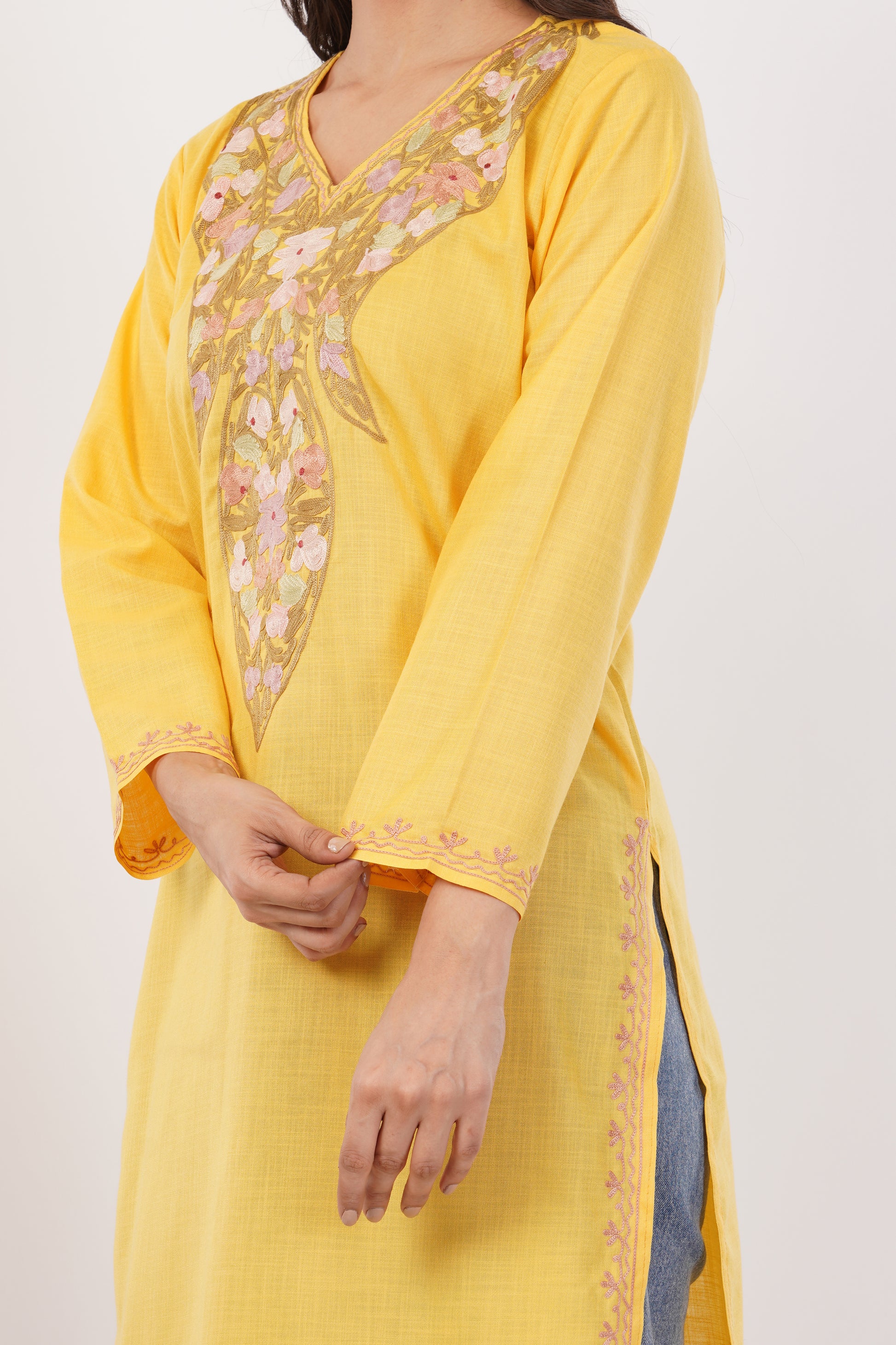 Kashmiri Aari embroidery Cotton Long Kurti Size-38 (Yellow)