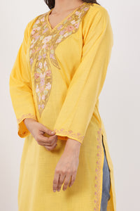 Kashmiri Aari embroidery Cotton Long Kurti Size-38 (Yellow)