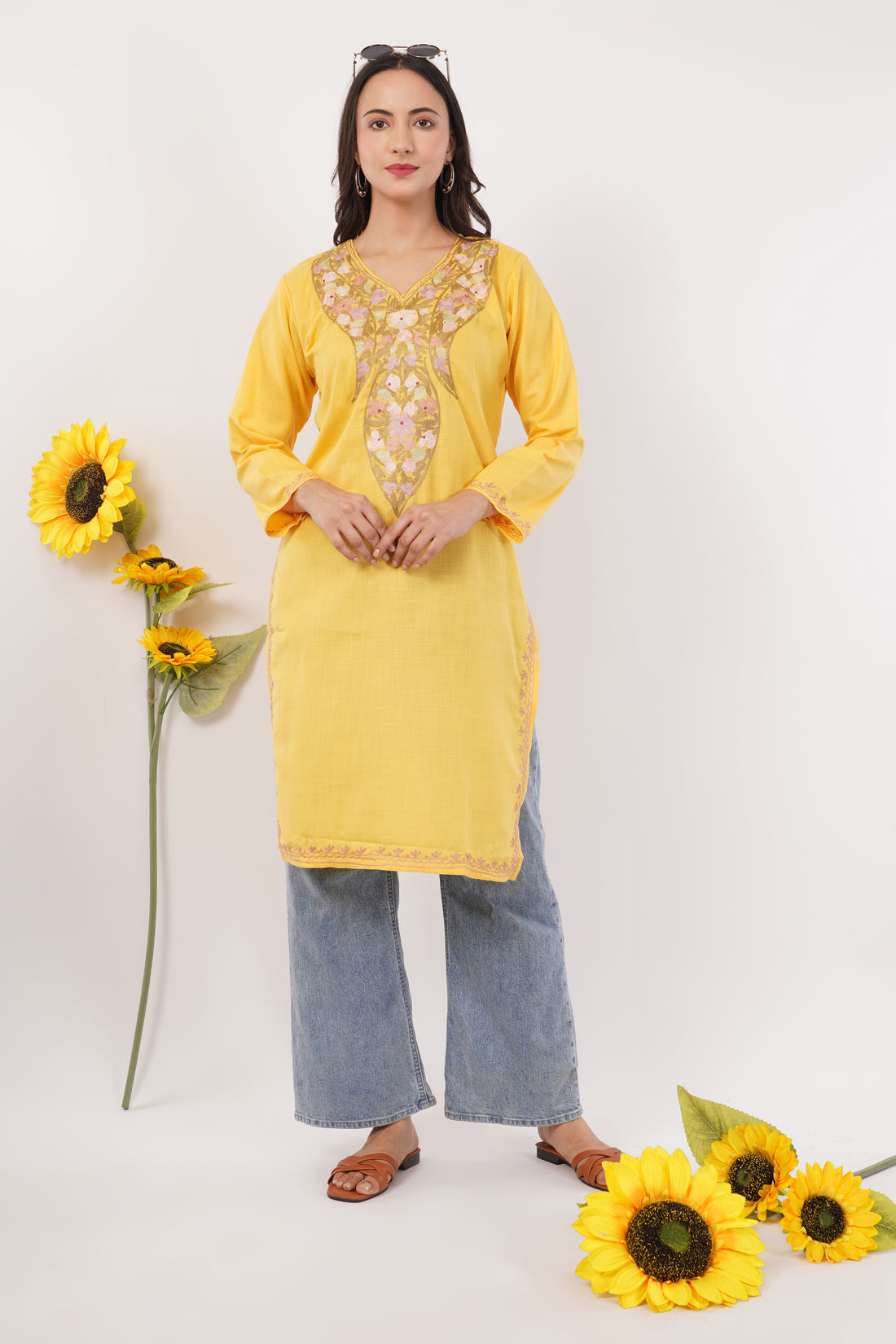 Kashmiri Aari embroidery Cotton Long Kurti Size-38 (Yellow)