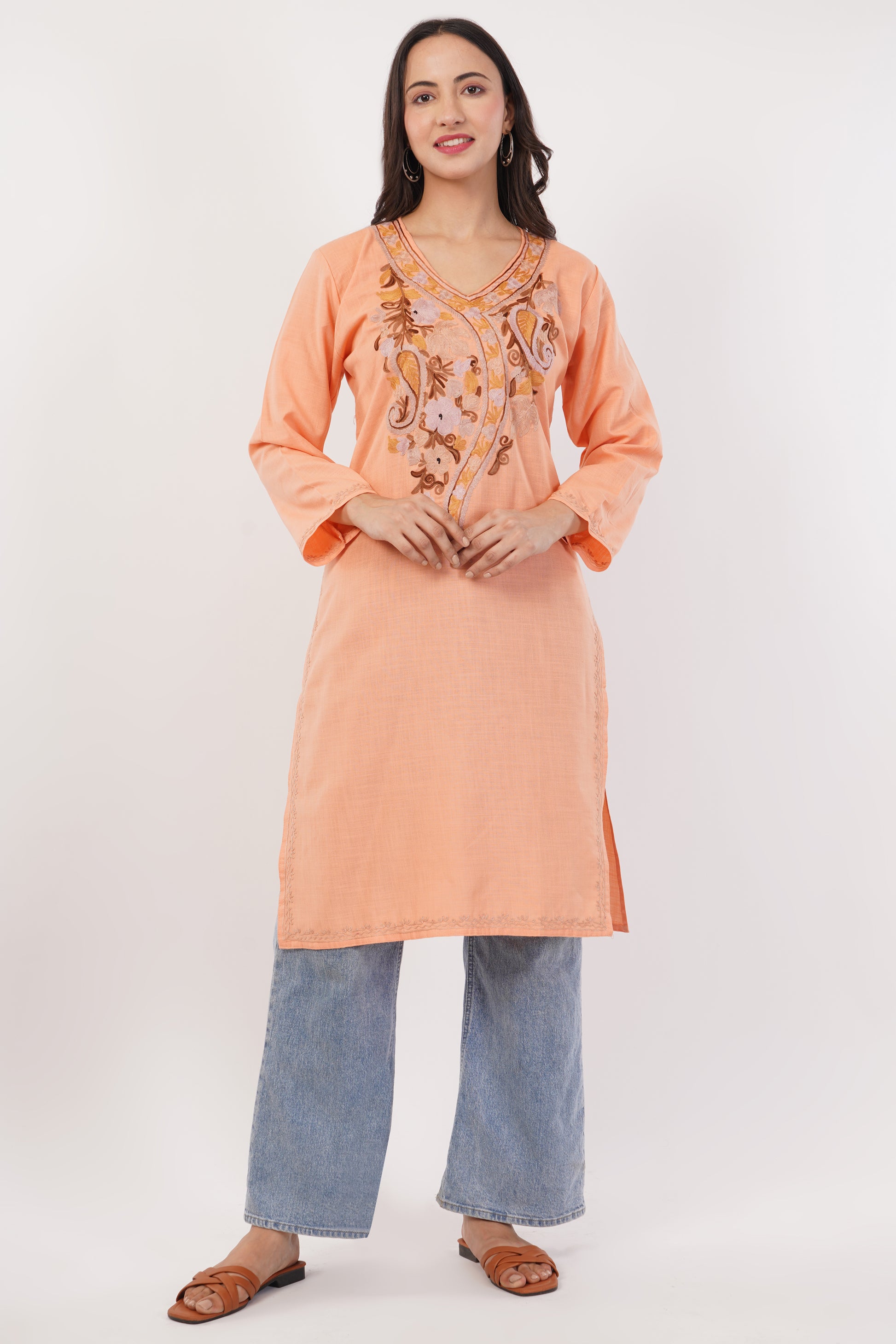 Kashmiri Aari embroidery Cotton Long Kurti Size-38 (Peach)