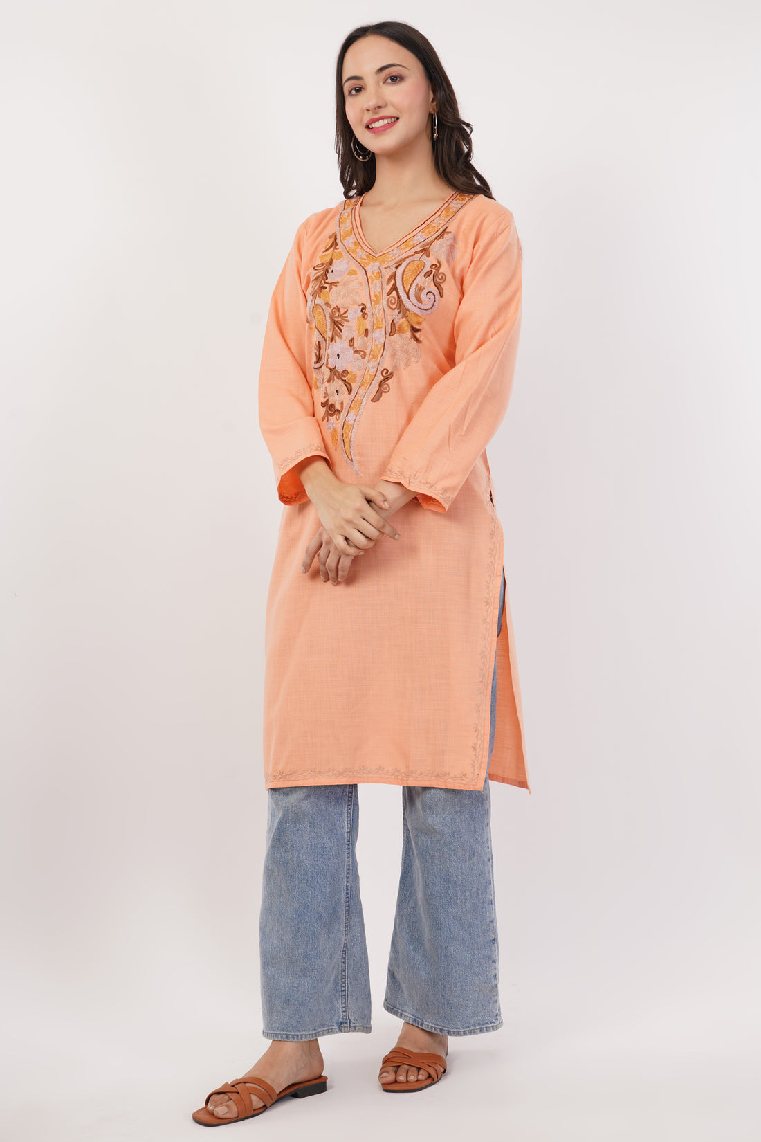 Kashmiri Aari embroidery Cotton Long Kurti Size-38 (Peach)