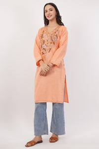 Kashmiri Aari embroidery Cotton Long Kurti Size-38 (Peach)