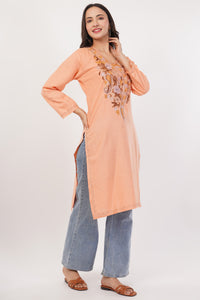 Kashmiri Aari embroidery Cotton Long Kurti Size-38 (Peach)