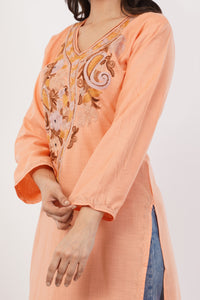 Kashmiri Aari embroidery Cotton Long Kurti Size-38 (Peach)