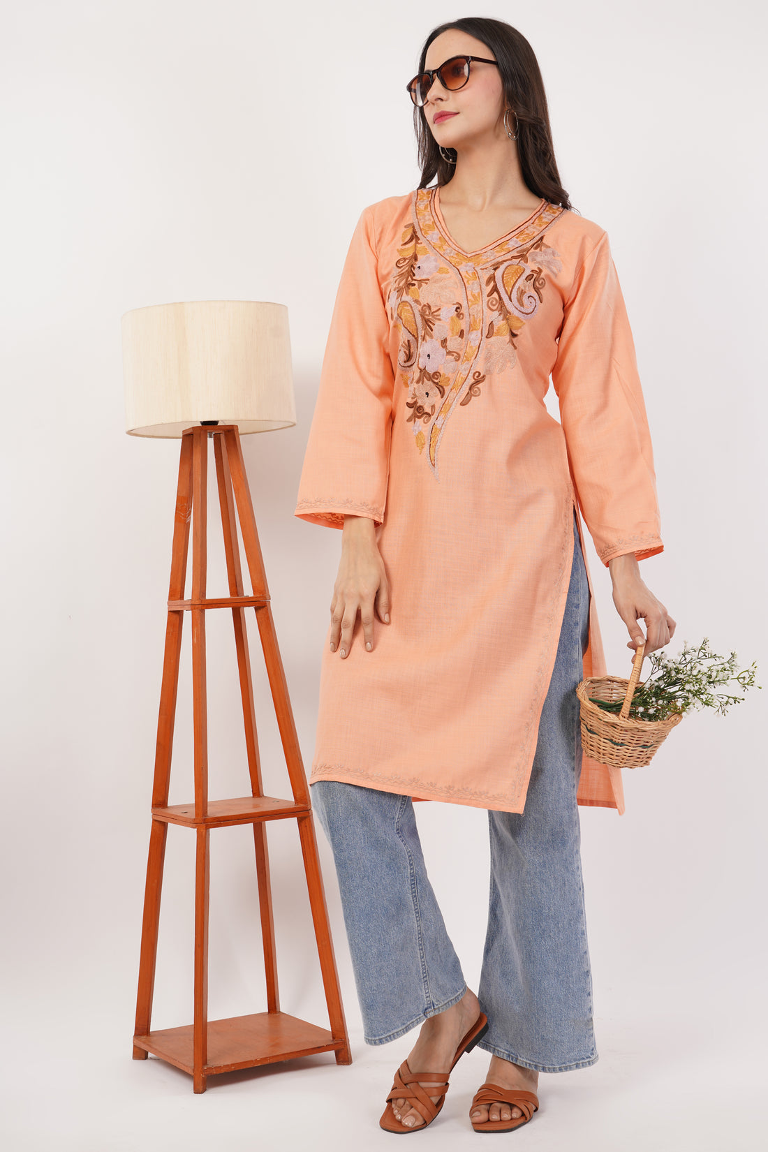 Kashmiri Aari embroidery Cotton Long Kurti Size-38 (Peach)
