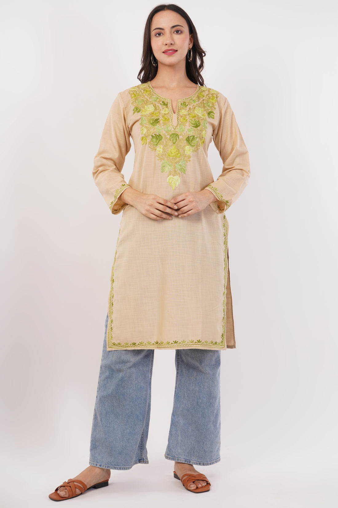 Kashmiri Aari embroidery Cotton Long Kurti Size-38 (Beige)