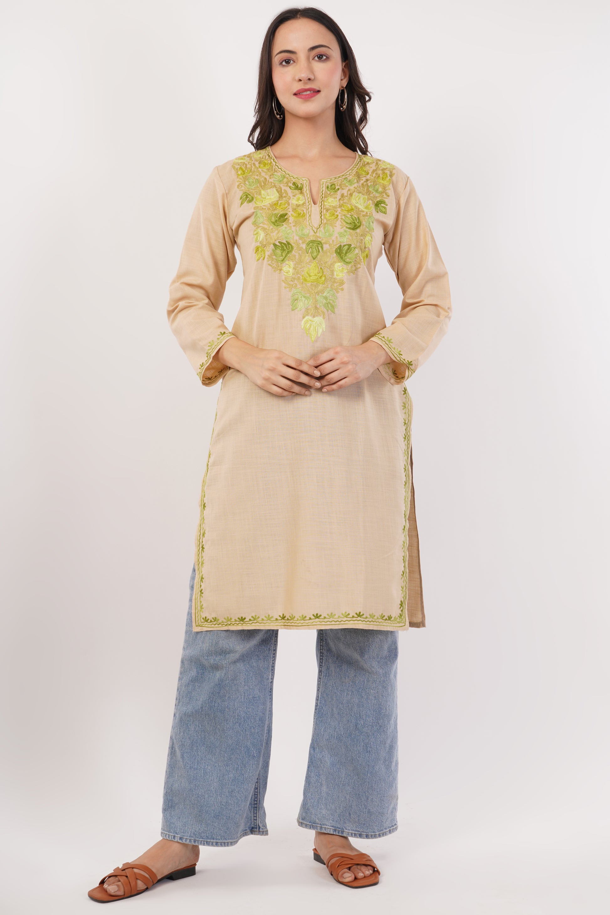 Kashmiri Aari embroidery Cotton Long Kurti Size-38 (Beige)