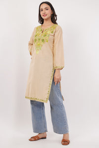 Kashmiri Aari embroidery Cotton Long Kurti Size-38 (Beige)