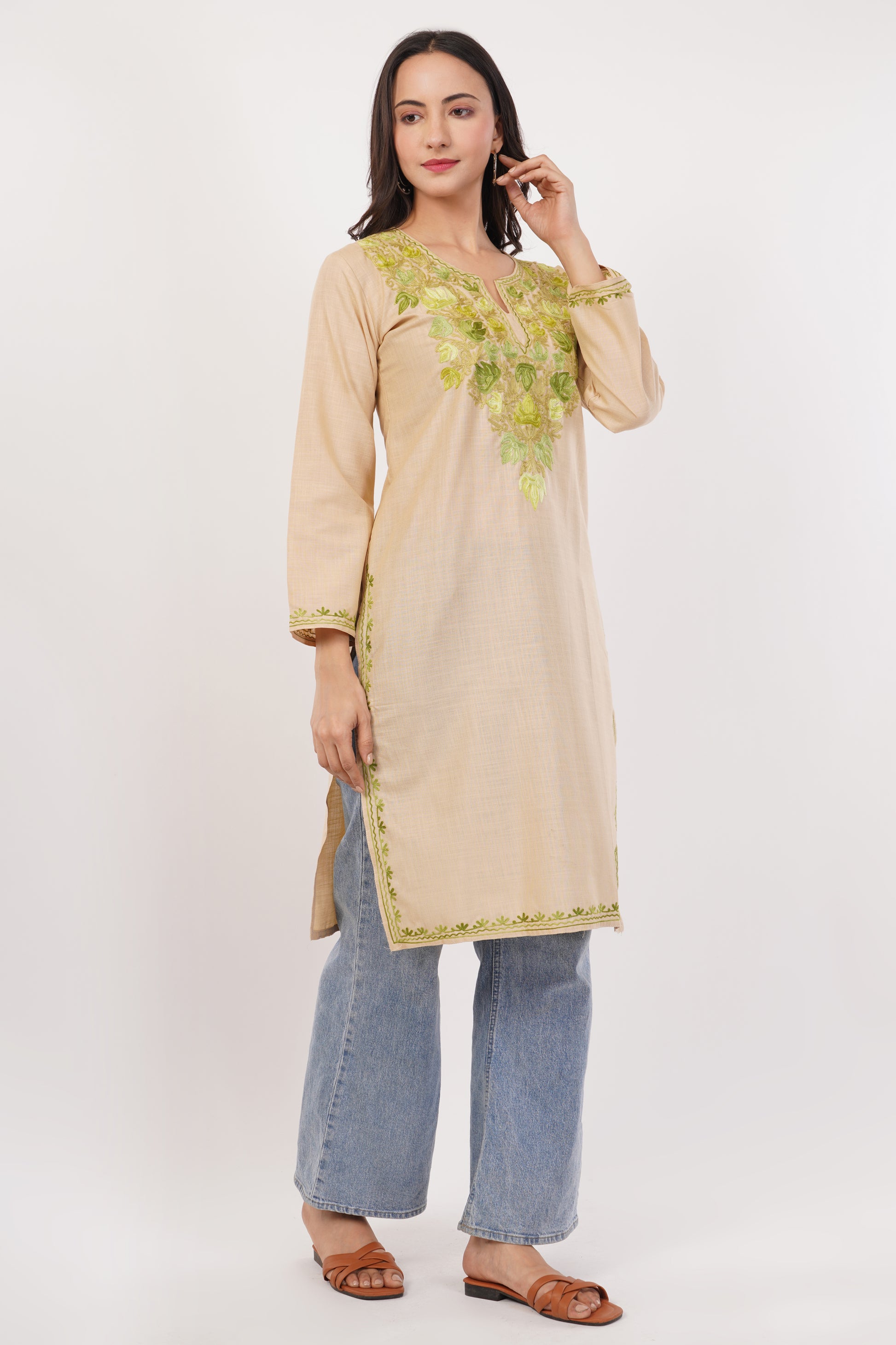 Kashmiri Aari embroidery Cotton Long Kurti Size-38 (Beige)