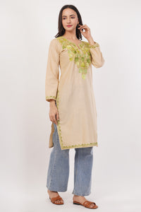 Kashmiri Aari embroidery Cotton Long Kurti Size-38 (Beige)