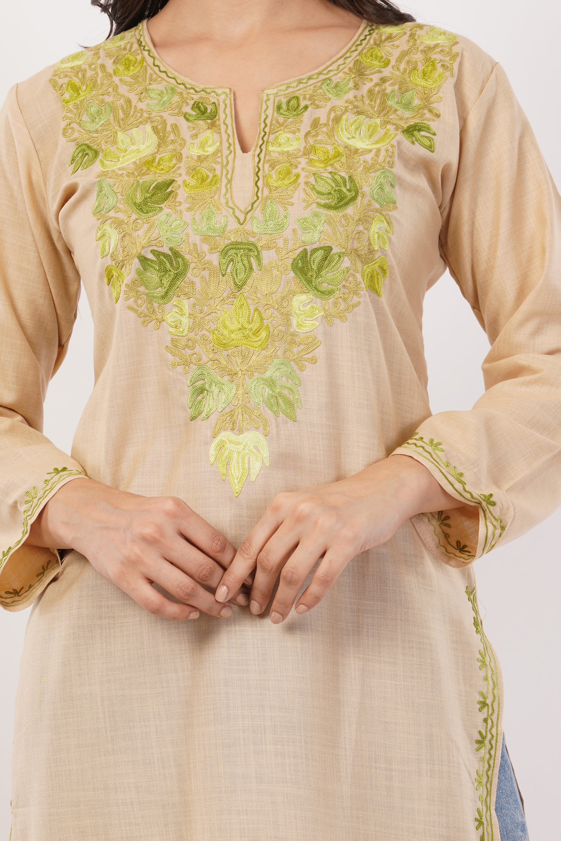 Kashmiri Aari embroidery Cotton Long Kurti Size-38 (Beige)