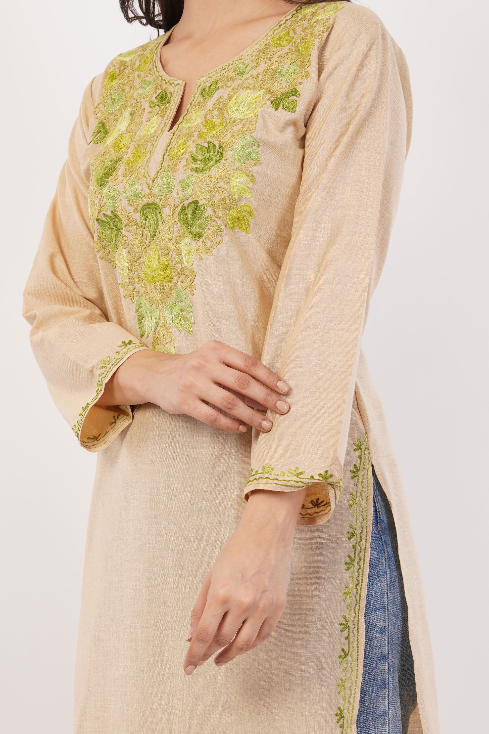 Kashmiri Aari embroidery Cotton Long Kurti Size-38 (Beige)