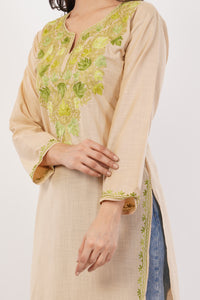 Kashmiri Aari embroidery Cotton Long Kurti Size-38 (Beige)
