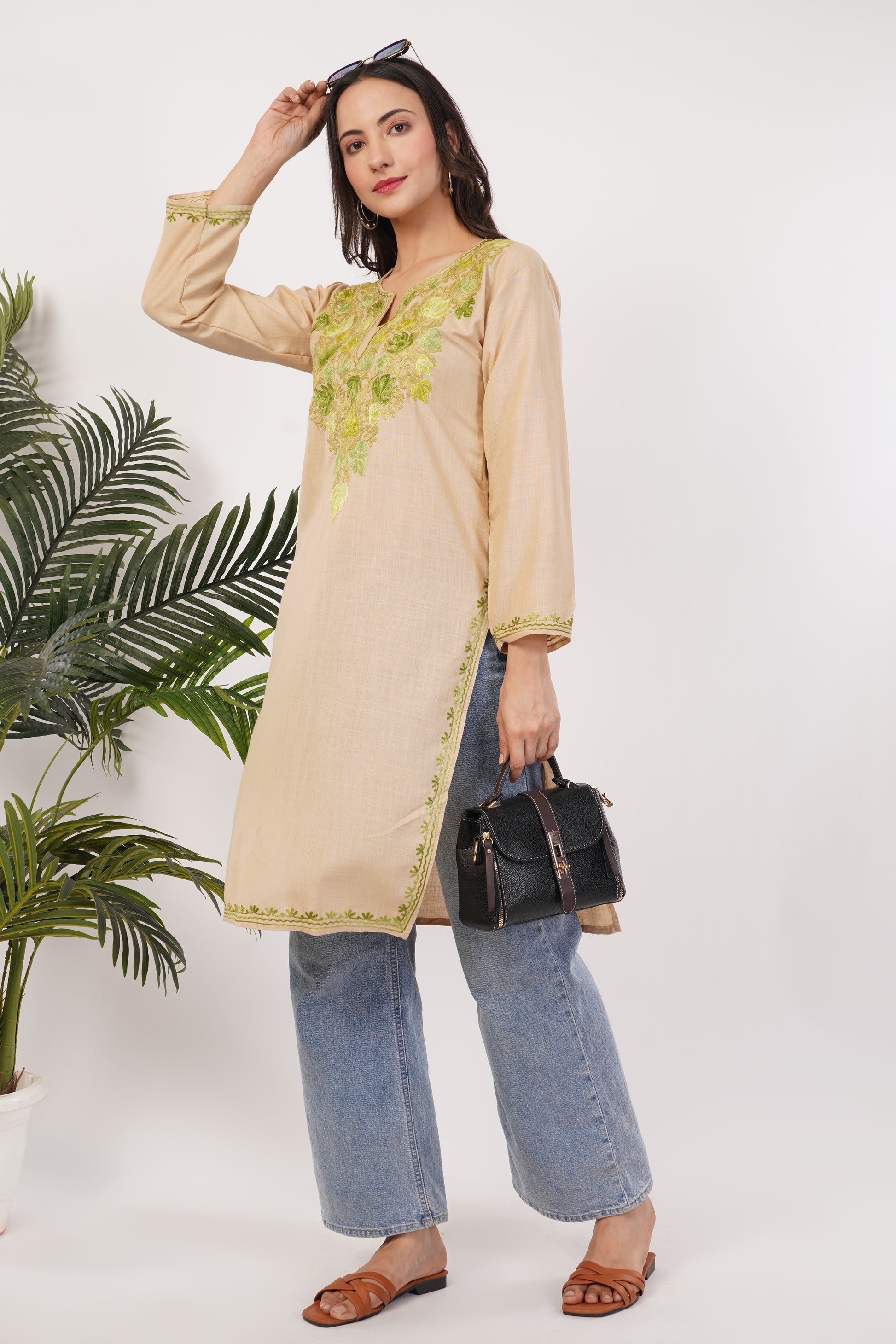 Kashmiri Aari embroidery Cotton Long Kurti Size-38 (Beige)