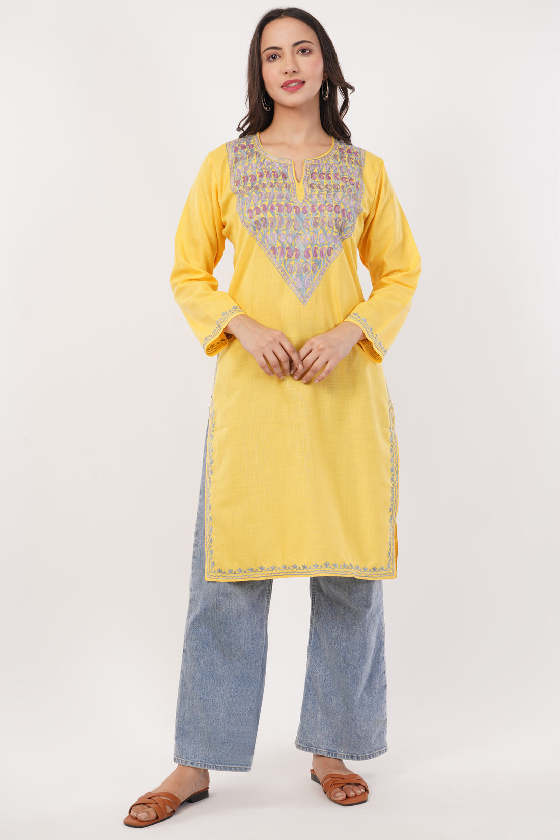 Kashmiri Aari embroidery Cotton Long Kurti Size-38 (Yellow)