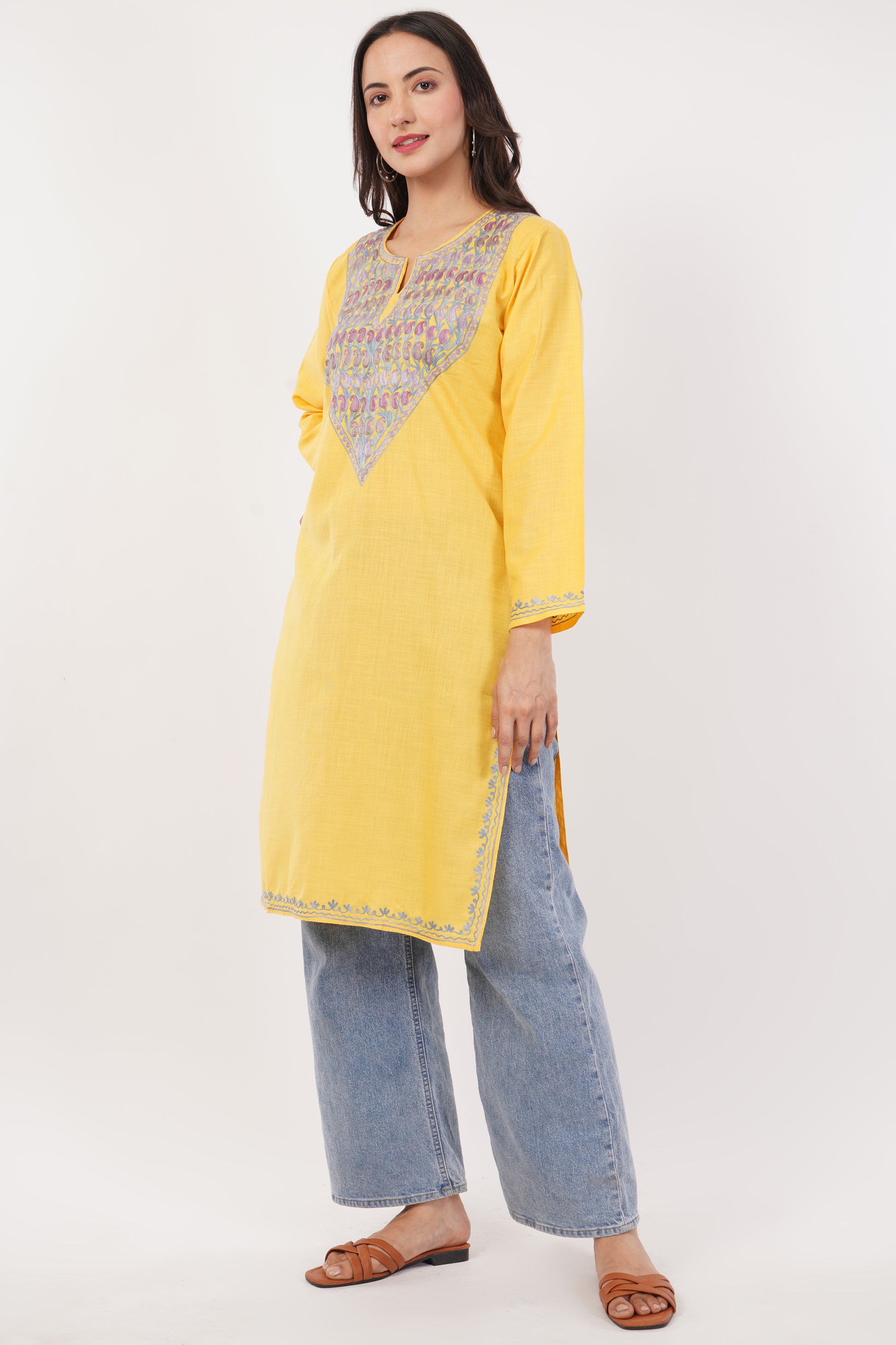 Kashmiri Aari embroidery Cotton Long Kurti Size-38 (Yellow)