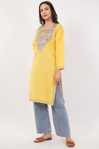 Kashmiri Aari embroidery Cotton Long Kurti Size-38 (Yellow)