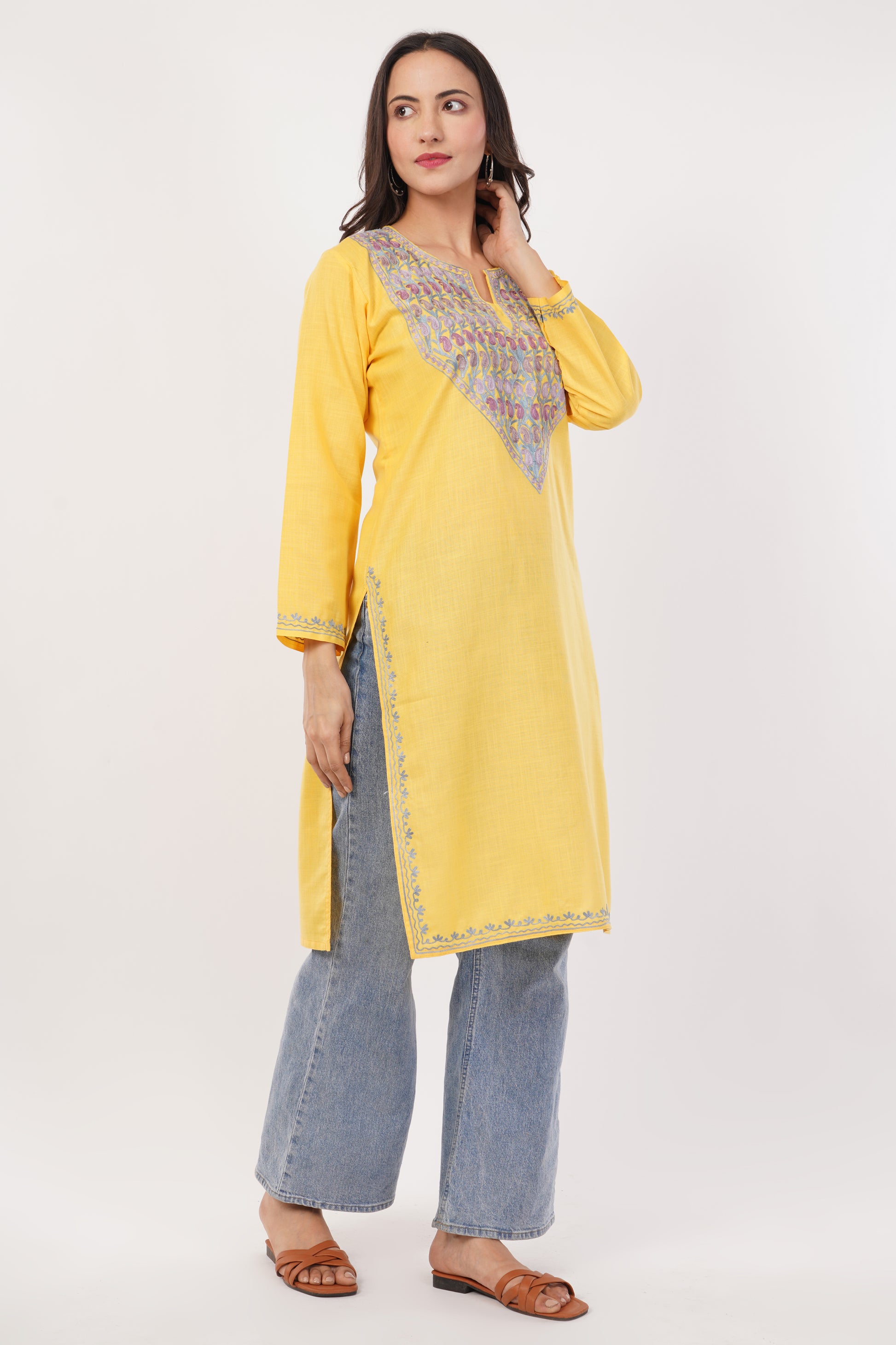 Kashmiri Aari embroidery Cotton Long Kurti Size-38 (Yellow)