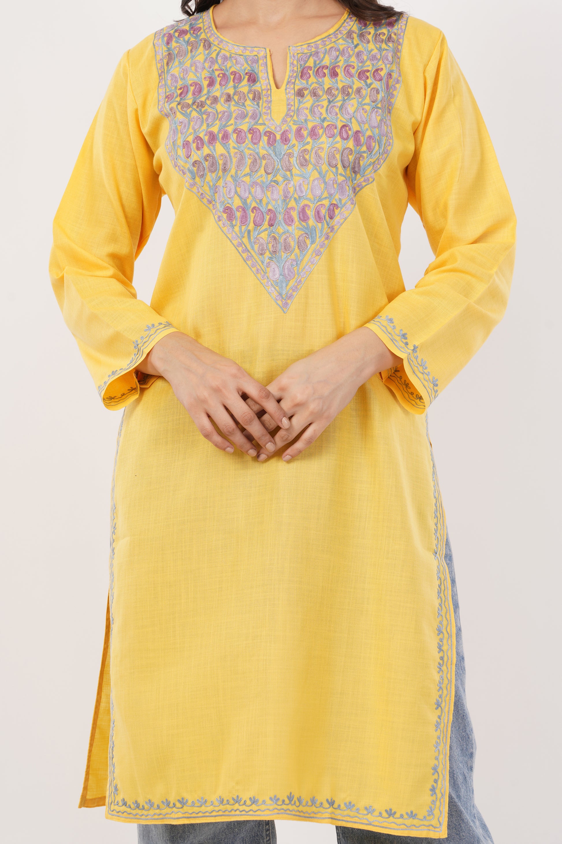 Kashmiri Aari embroidery Cotton Long Kurti Size-38 (Yellow)