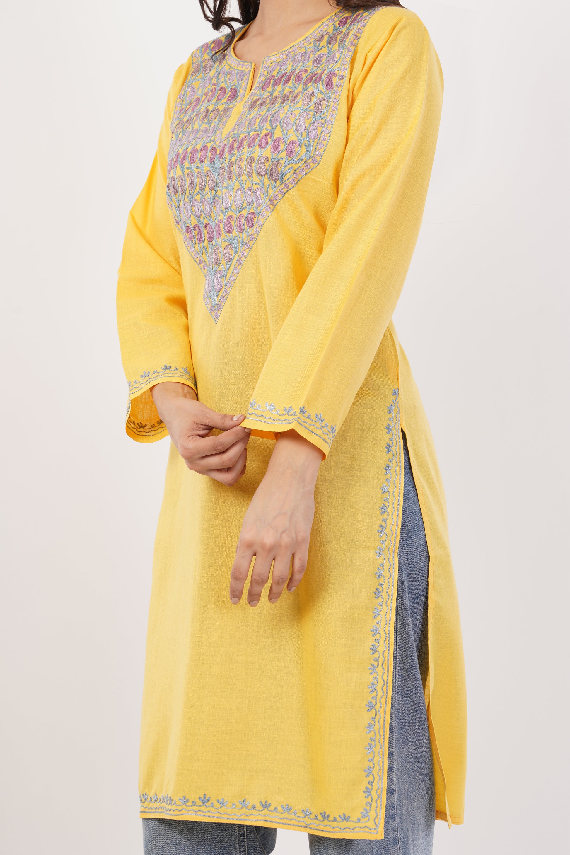 Kashmiri Aari embroidery Cotton Long Kurti Size-38 (Yellow)