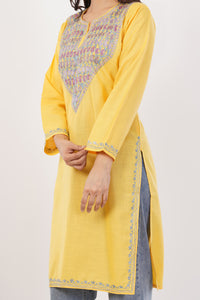 Kashmiri Aari embroidery Cotton Long Kurti Size-38 (Yellow)
